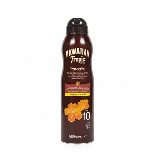 Hawaiian Tropic Protective Dry Oil Continuous Spray SPF 10 su sfondo bianco