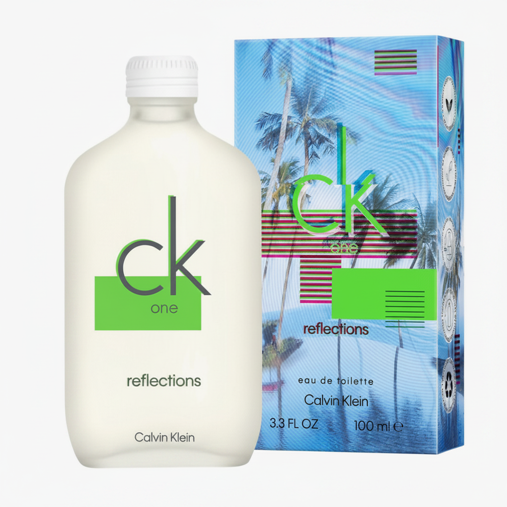 Calvin Klein CK One Reflections Eau de Toilette 100ml - flacone e confezione su sfondo bianco