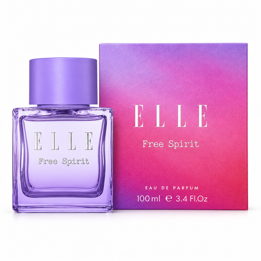 Flacone viola e confezione sfumata rosa e lilla di ELLE Free Spirit Eau de Parfum 100 ml su sfondo bianco