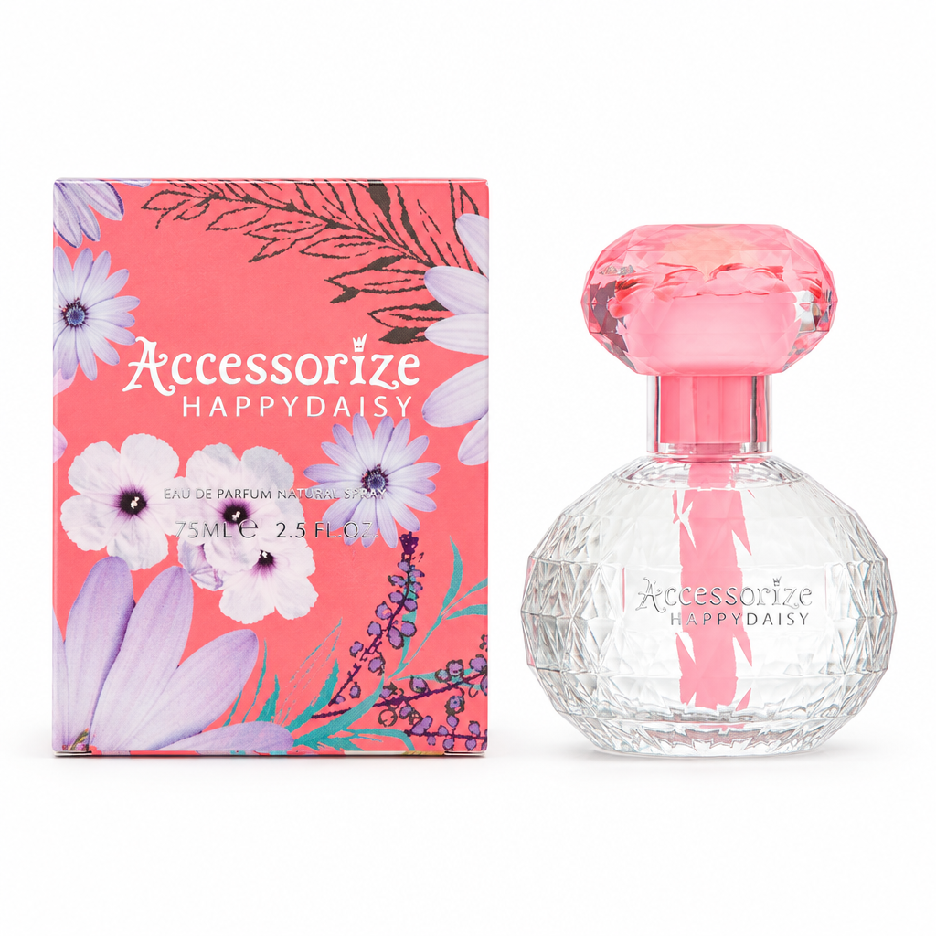 Confezione floreale rosa e flacone Accessorize Happy Daisy Eau de Parfum su sfondo bianco