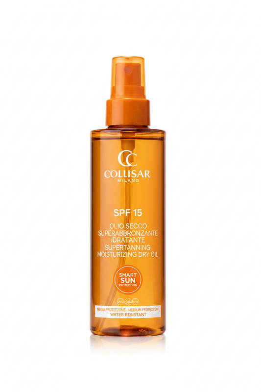 Collistar Olio Secco Superabbronzante Idratante SPF 15 su sfondo bianco
