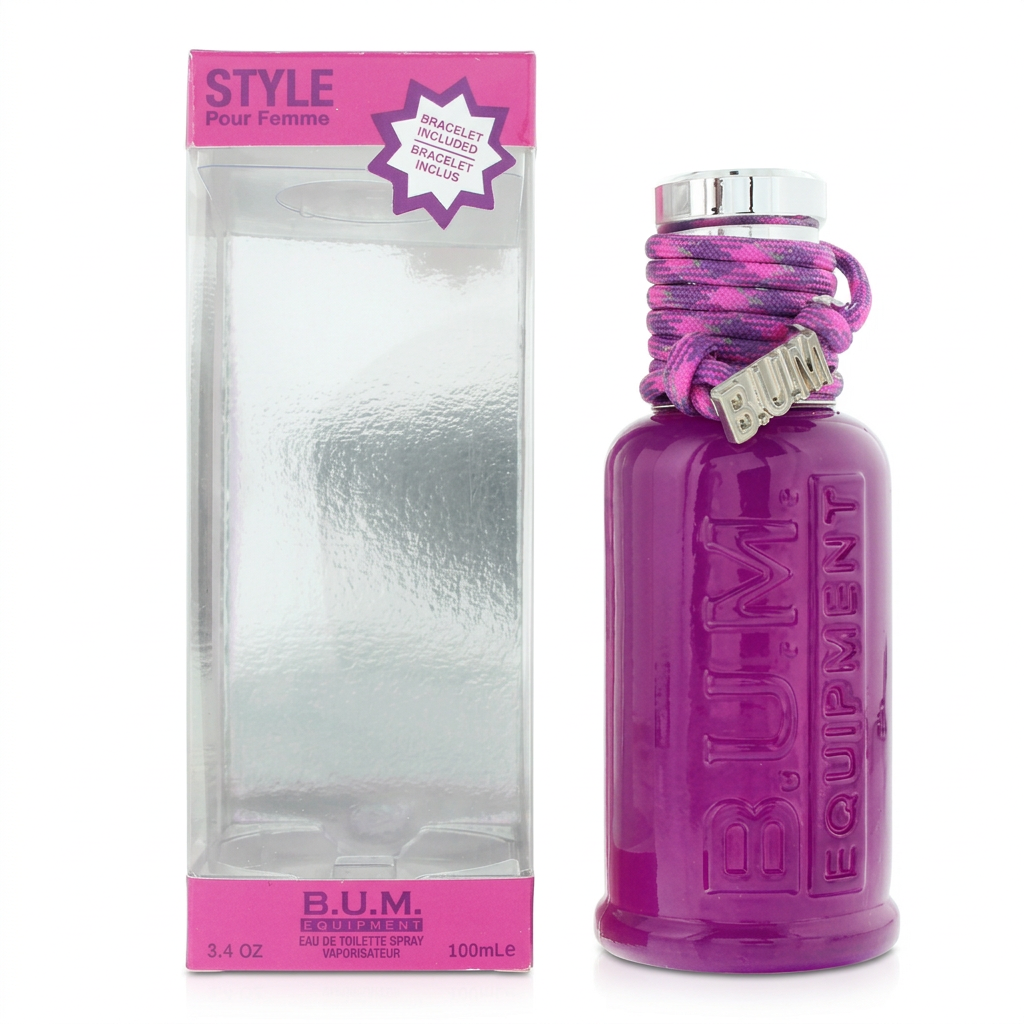 B.U.M. Equipment Style Pour Femme 100 ml, flacone viola con bracciale e confezione trasparente su sfondo bianco