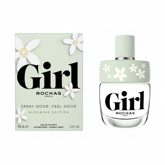 Rochas Girl Blooming Edition Eau de Toilette 100ml - flacone e confezione verde menta con fiori bianchi