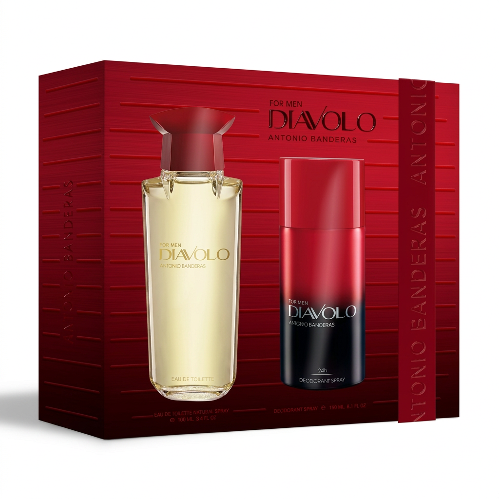 Cofanetto rosso Antonio Banderas Diavolo For Men con profumo e deodorante spray su sfondo bianco