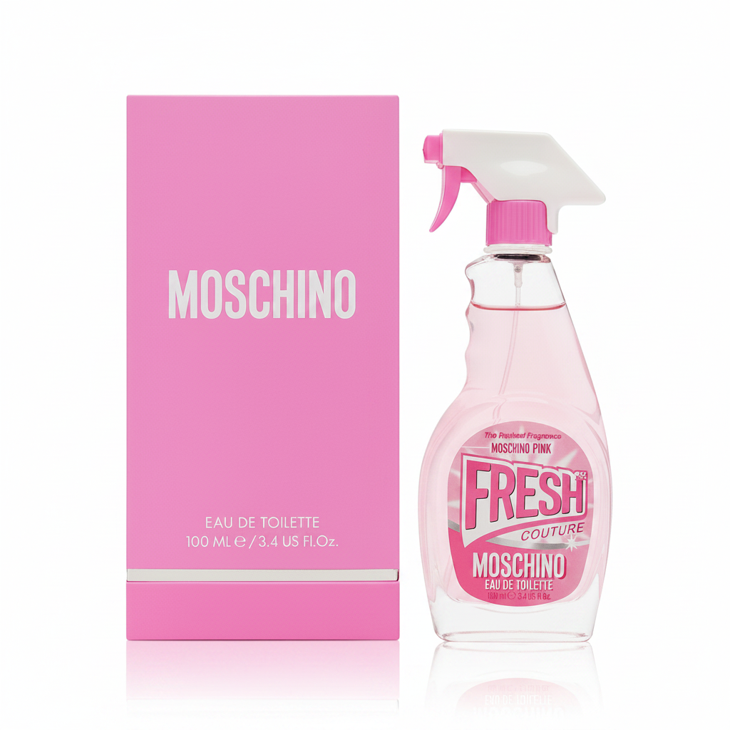 Moschino Pink Fresh Couture Eau de Toilette 100ml - flacone spray rosa e confezione rosa su sfondo bianco