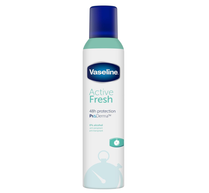 Vaseline Active Fresh ProDerma 48h Anti-Perspirant Spray – flacone bianco e verde menta con tappo blu