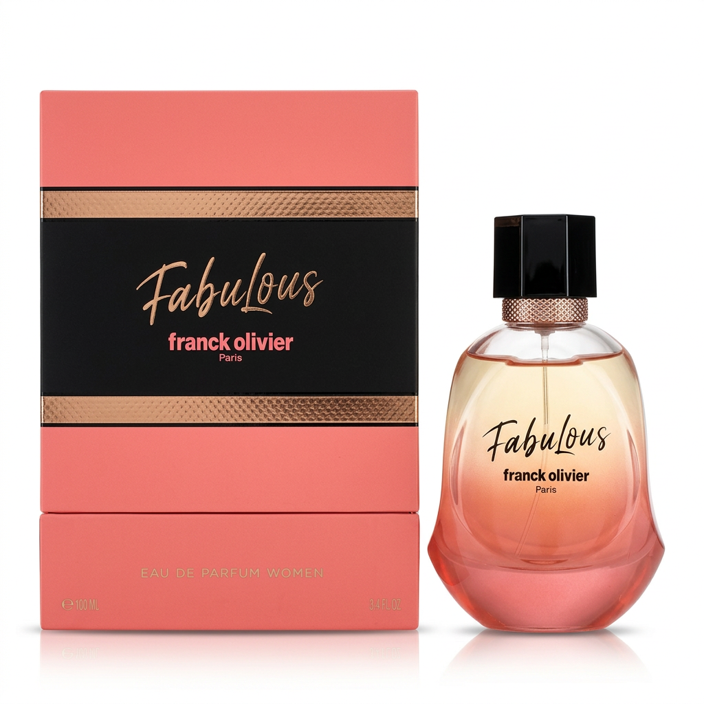 Franck Olivier Fabulous con flacone sfumato rosa e confezione rosa e nera su sfondo bianco