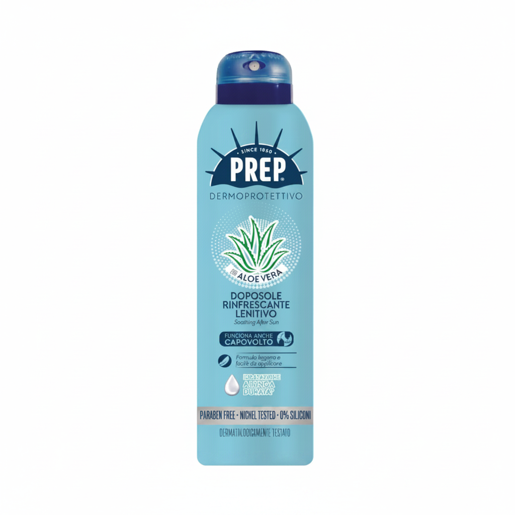 Prep Dermoprotettivo Doposole Rinfrescante Lenitivo Aloe Vera spray su sfondo bianco