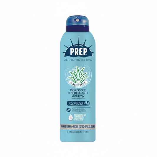 Prep Dermoprotettivo Doposole Rinfrescante Lenitivo Aloe Vera spray su sfondo bianco