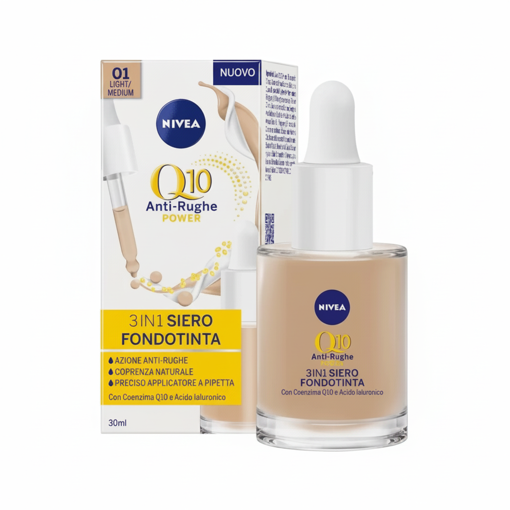 NIVEA Q10 Anti-Rughe 3in1 Siero Fondotinta 30ml su sfondo bianco
