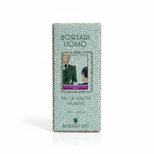 Borsari Uomo EDT Atomizer 50ml – flacone galuchat azzurro con illustrazione Art Déco gentiluomo parmense