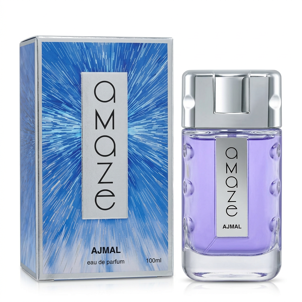 Flacone lilla e confezione blu Ajmal Amaze Eau de Parfum 100 ml su sfondo bianco