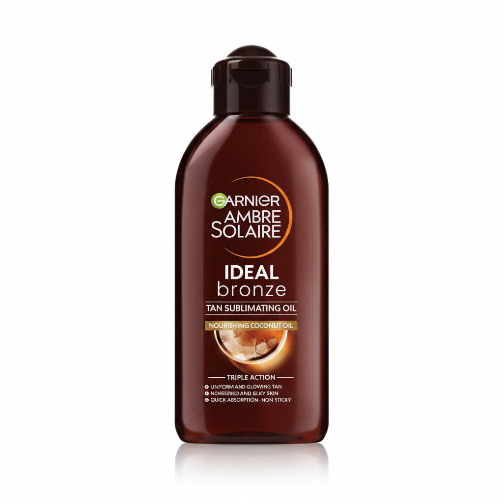 Garnier Ambre Solaire Ideal Bronze Tan Sublimating Oil su sfondo bianco