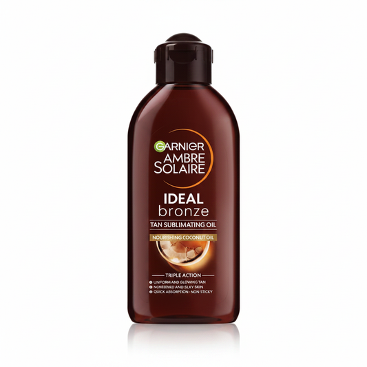 Garnier Ambre Solaire Ideal Bronze Tan Sublimating Oil su sfondo bianco