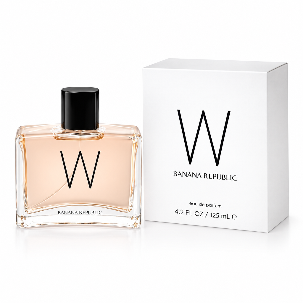 Flacone e scatola bianca Banana Republic W Eau de Parfum 125 ml su sfondo bianco