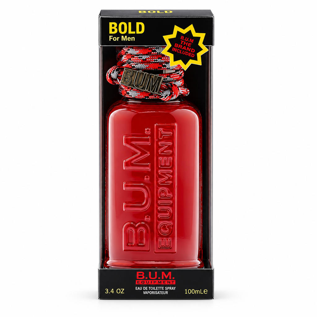 B.U.M. Equipment Bold For Men Eau de Toilette 100 ml, flacone rosso nella confezione nera su sfondo bianco