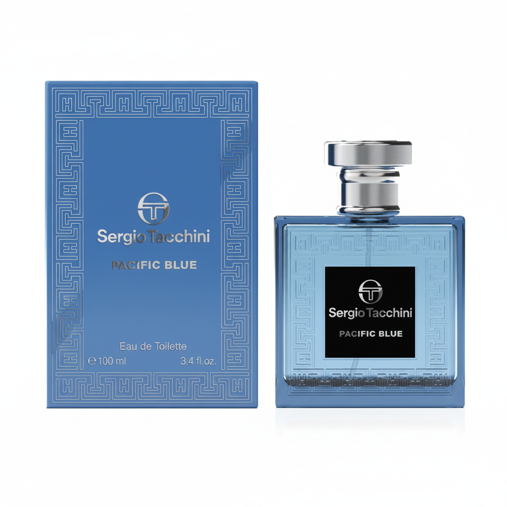 Sergio Tacchini Pacific Blue Eau de Toilette 100ml - flacone blu quadrato con motivo geometrico e confezione blu su sfondo bianco