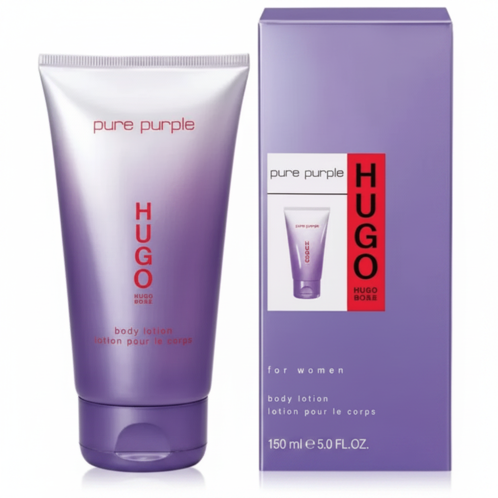 Hugo Pure Purple Body Lotion 150ml - tubetto e confezione su sfondo bianco