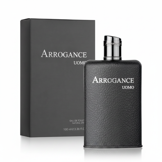 Arrogance Uomo Eau de Toilette 100ml - flacone grigio antracite e confezione su sfondo bianco