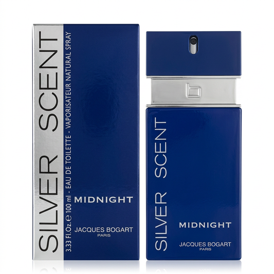 Flacone blu e confezione Jacques Bogart Silver Scent Midnight Eau de Toilette 100 ml su sfondo bianco