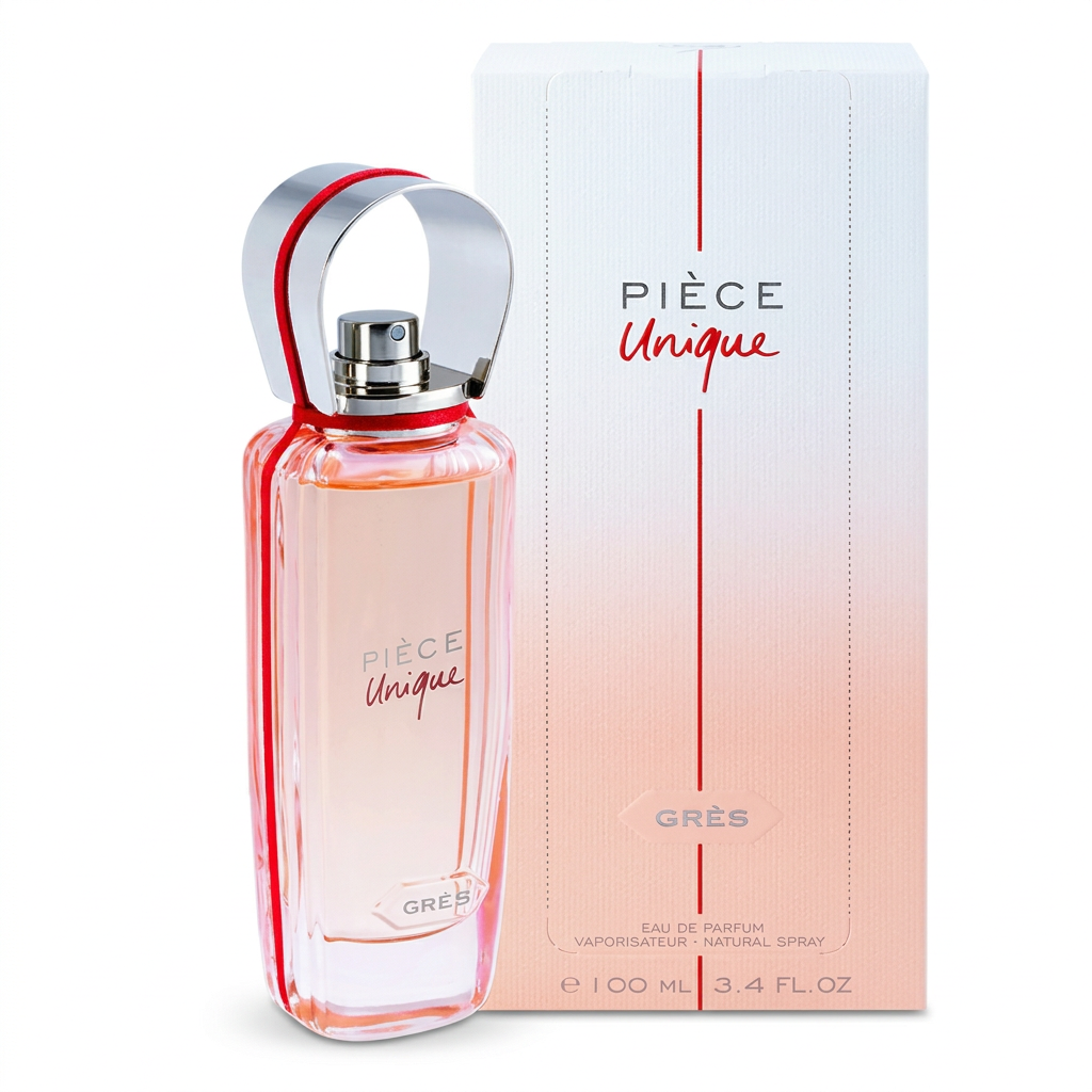 Grès Pièce Unique Eau de Parfum 100 ml con flacone rosato, arco argentato e confezione su sfondo bianco