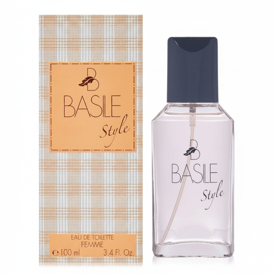 Basile Style EDT Femme 100ml – flacone trasparente con scatola tartan beige su sfondo bianco
