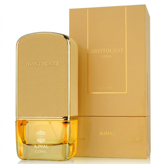 Ajmal Aristocrat Coral con flacone e confezione dorati su sfondo bianco