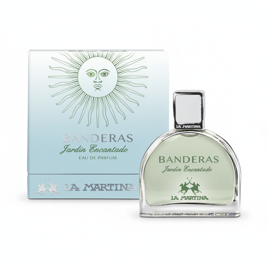 Banderas Jardin Encantado EDP 100ml La Martina – flacone ad arco verde pallido con tappo argento e confezione azzurra con sole