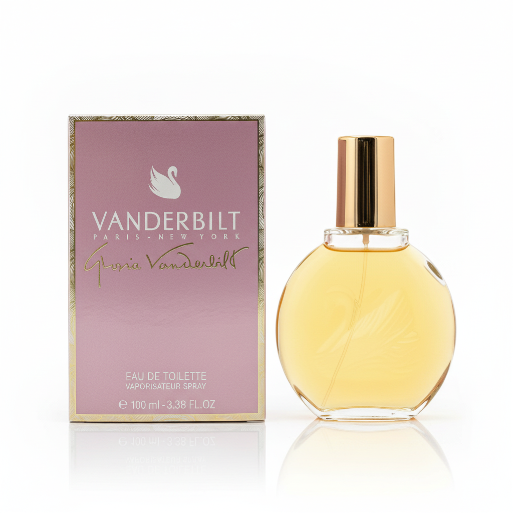 Gloria Vanderbilt Eau de Toilette 100ml – flacone sferico dorato e confezione rosa malva con cigno bianco