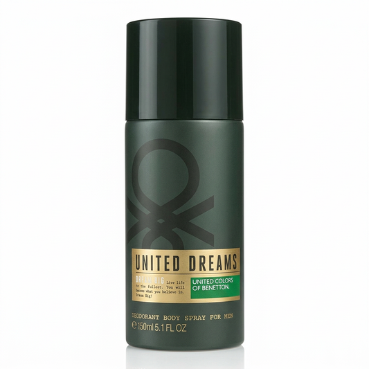 Benetton United Dreams deodorante body spray uomo 150 ml, confezione scura con etichetta dorata su sfondo bianco