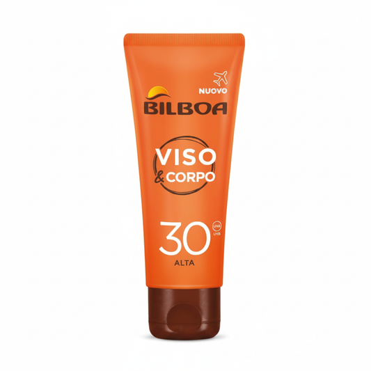 Bilboa Viso e Corpo SPF 30 Alta Travel Size su sfondo bianco