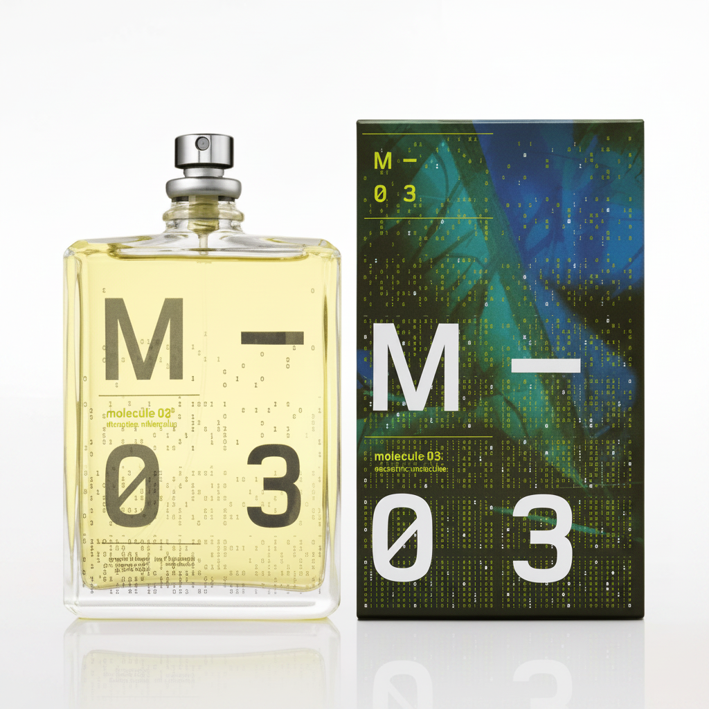 Escentric Molecules Molecule 03 Eau de Toilette 100ml - flacone e confezione su sfondo bianco