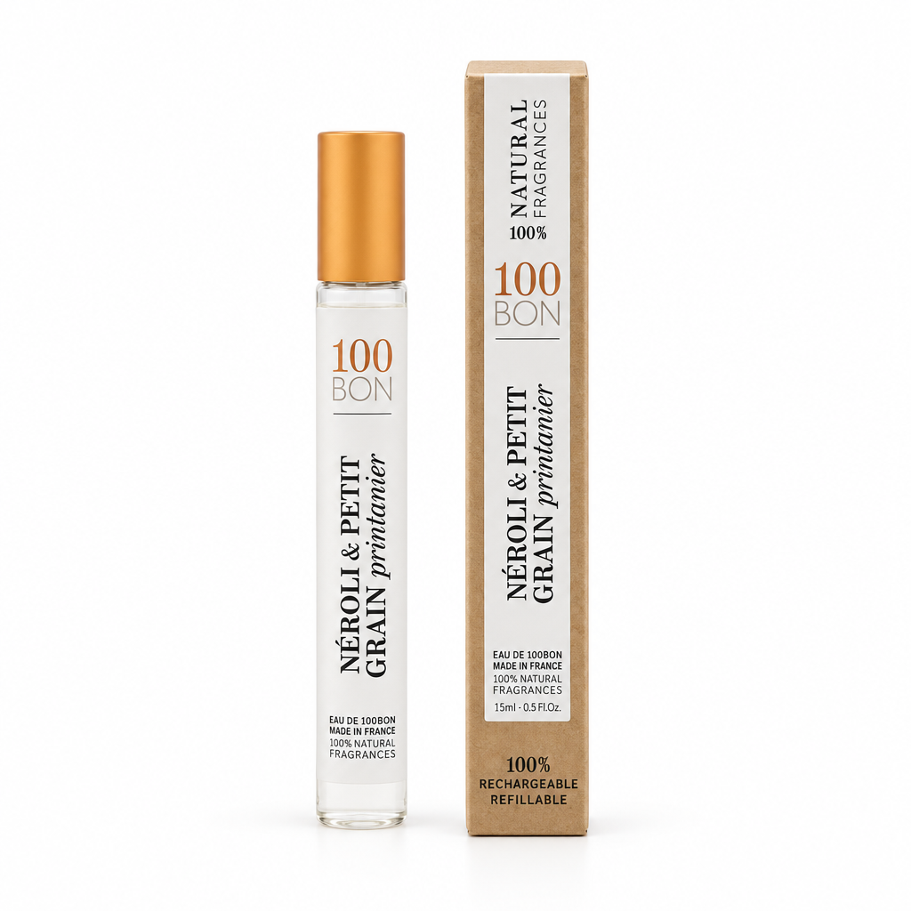 Flacone sottile e scatola kraft 100BON Néroli & Petit Grain Printanier su sfondo bianco