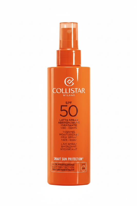 Collistar Latte Spray Abbronzante Idratante SPF 50 su sfondo bianco