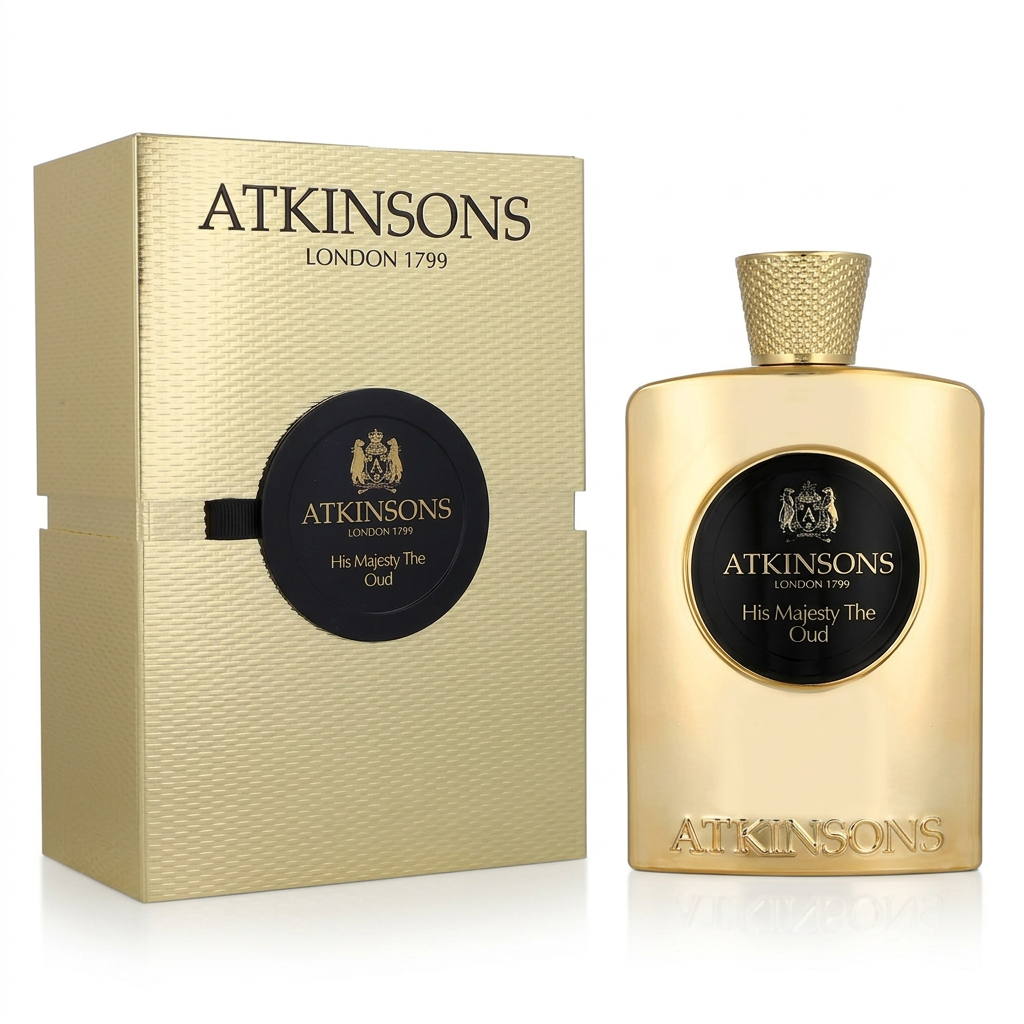 Atkinsons His Majesty The Oud Eau de Parfum 100 ml, flacone dorato con medaglione nero e confezione su sfondo bianco