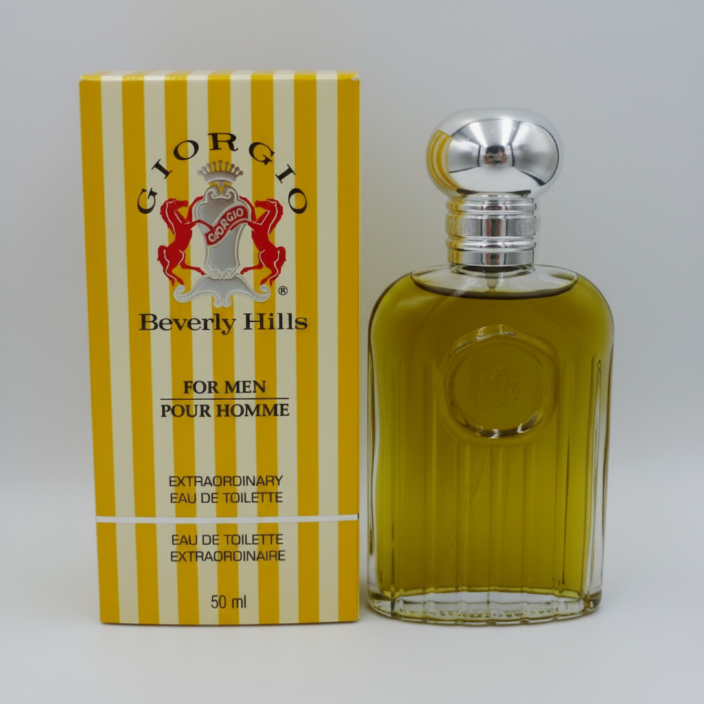 Giorgio Beverly Hills For Men EDT 50ml - Flacone rigato con tappo argentato e confezione a righe gialle