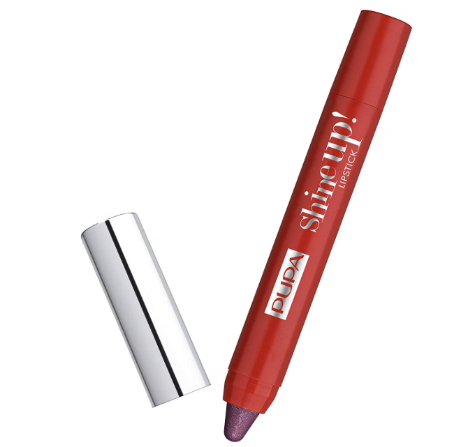 Pupa Shine Up! Lipstick Pencil Melanzana 012 – Matita Rossetto Effetto Scintillante aperta su sfondo bianco
