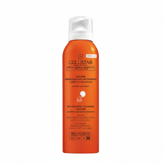 Collistar Mousse Abbronzante Nutriente SPF 20 su sfondo bianco
