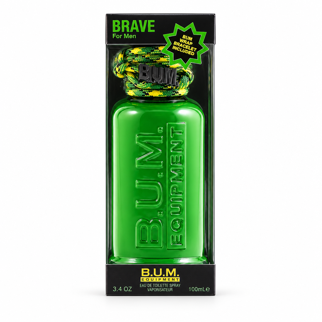B.U.M. Equipment Brave For Men Eau de Toilette 100 ml, flacone verde in confezione nera su sfondo bianco