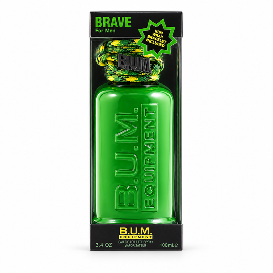 B.U.M. Equipment Brave For Men Eau de Toilette 100 ml, flacone verde in confezione nera su sfondo bianco
