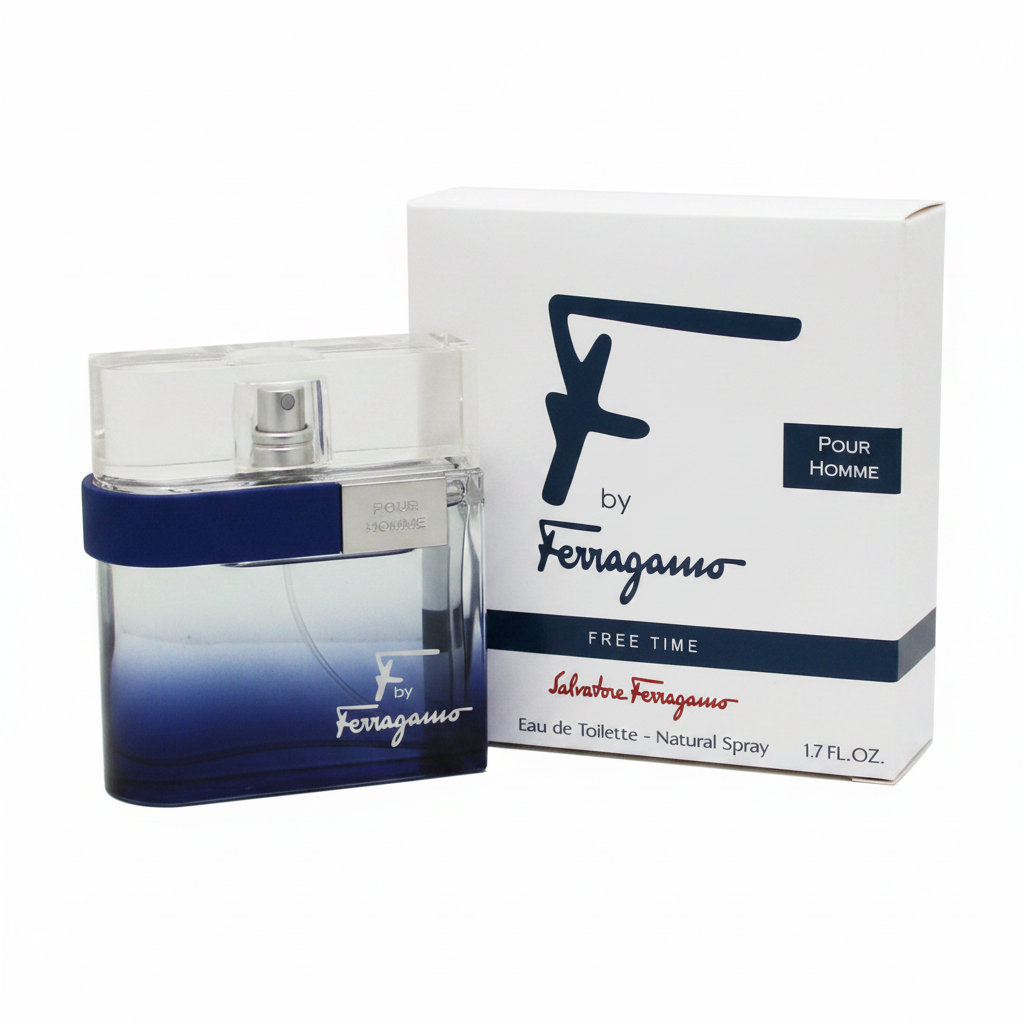 Salvatore Ferragamo F by Ferragamo Free Time Pour Homme EDT - flacone e confezione su sfondo bianco
