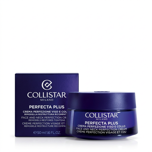 Vasetto viola e confezione Collistar Perfecta Plus Crema Perfezione Viso e Collo 50 ml su sfondo bianco