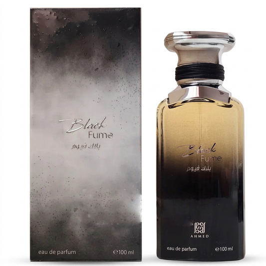 Black Fume Eau de Parfum di Ahmed, flacone e confezione su sfondo bianco