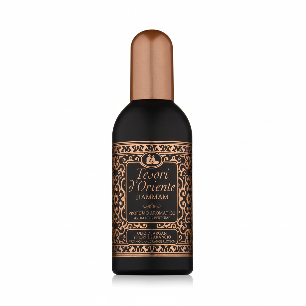 Tesori d'Oriente Hammam Profumo Aromatico 100ml – flacone nero con decorazione arabesca dorata e tappo rame
