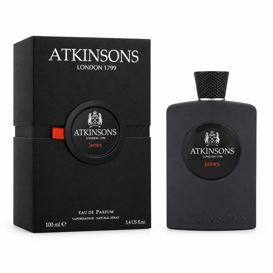 Flacone nero e confezione Atkinsons James Eau de Parfum 100 ml su sfondo bianco
