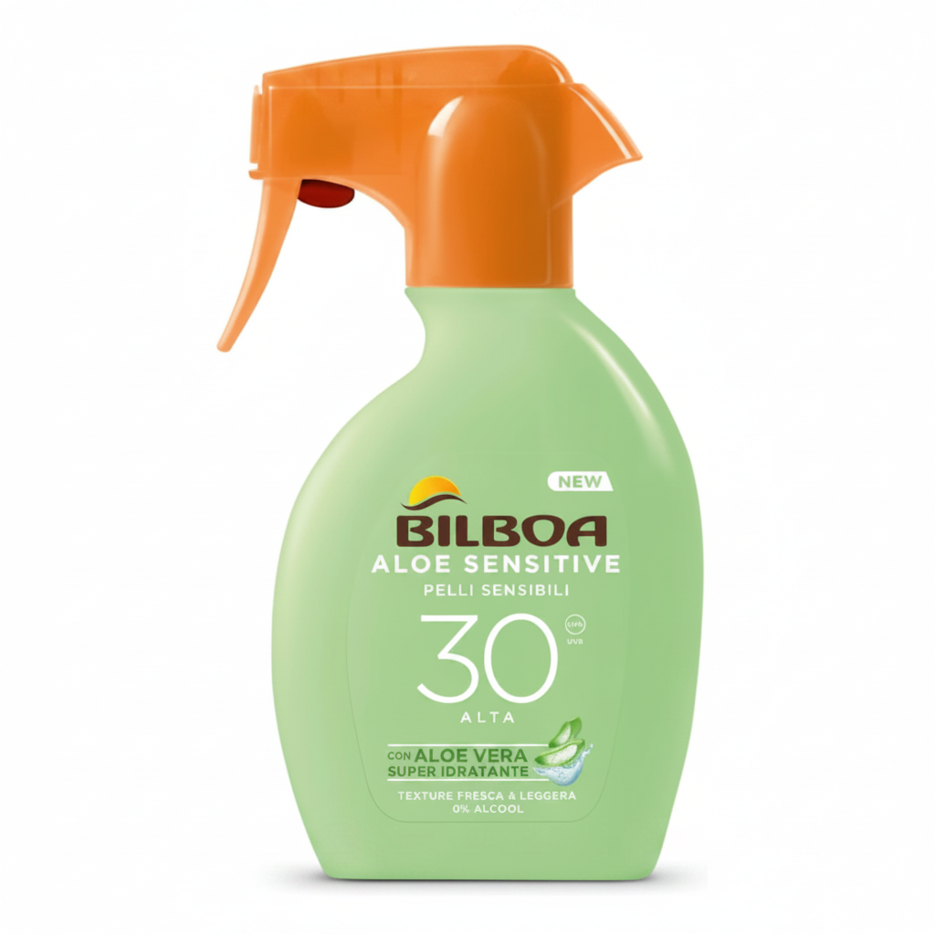 Bilboa Aloe Sensitive SPF 30 Spray Trigger su sfondo bianco
