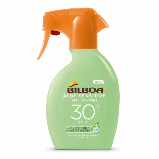 Bilboa Aloe Sensitive SPF 30 Spray Trigger su sfondo bianco