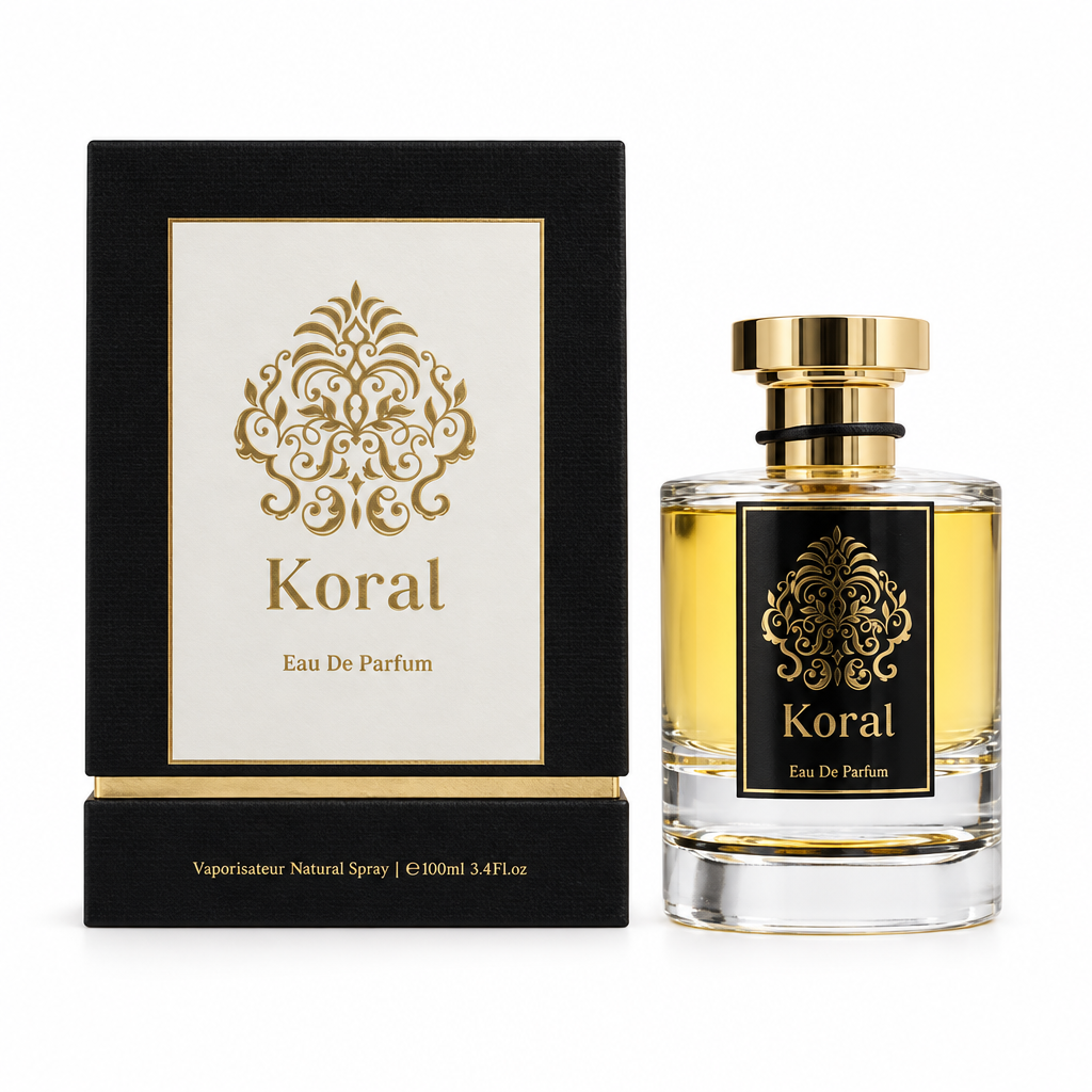 Flacone e confezione Koral Eau de Parfum 100 ml con dettagli dorati su sfondo bianco