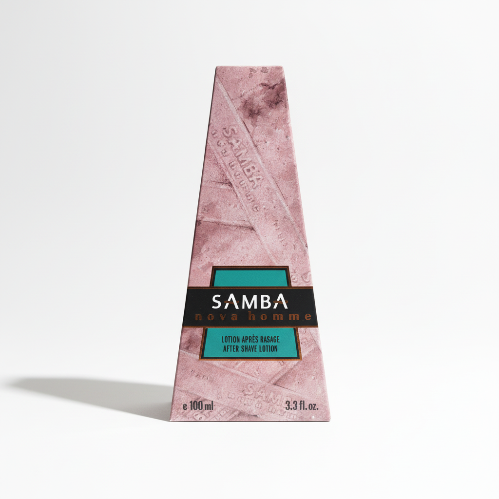 Samba Nova Homme After Shave Lotion 100ml – confezione piramidale rosa malva con fascia nera e turchese