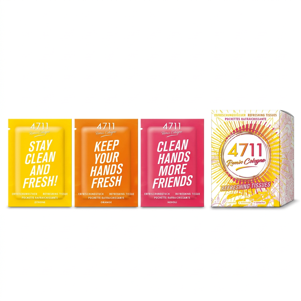 4711 Remix Cologne Refreshing Tissues, bustine e confezione su sfondo bianco